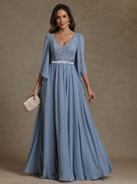 A-Line/Princess V-Neck Ribbon Floor-Length Mother of the Bride Dresses with Lace Appliques