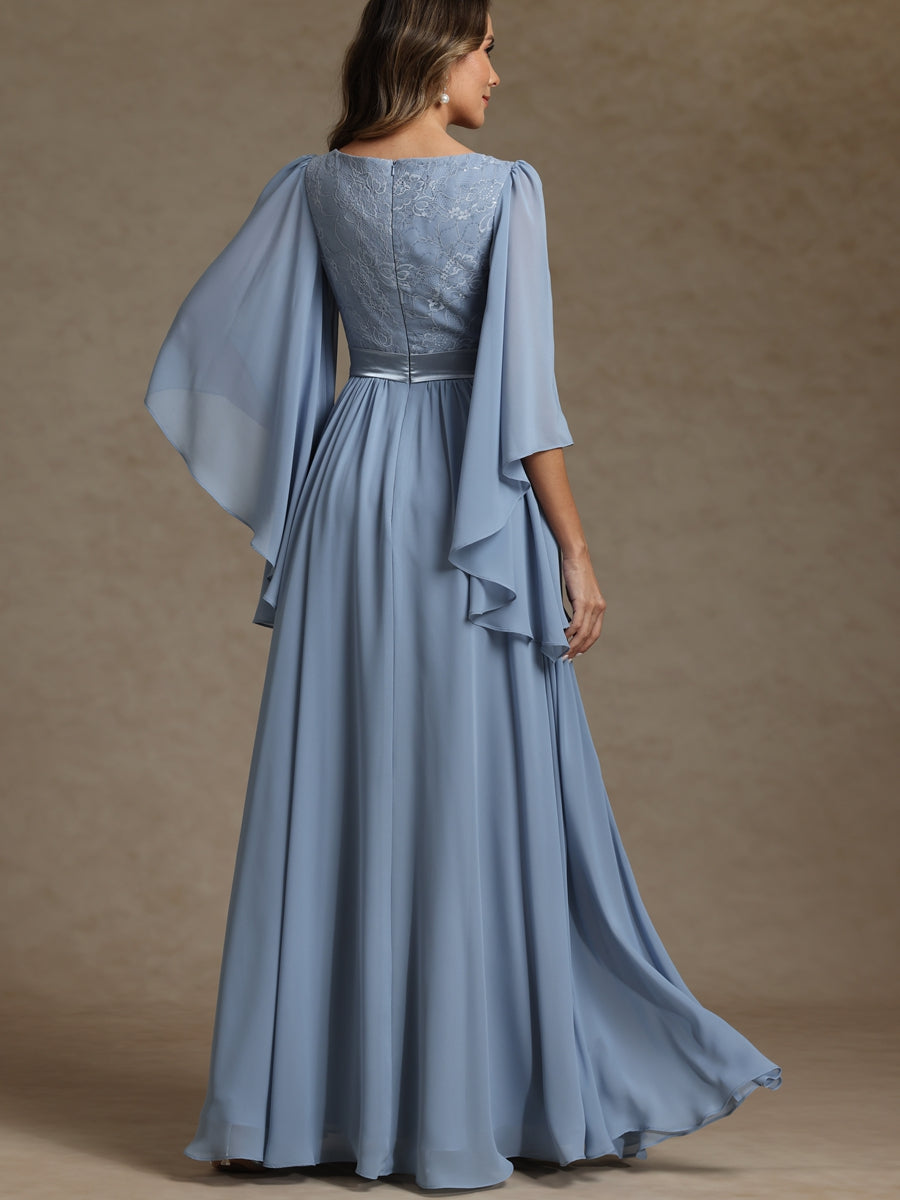 A-Line/Princess V-Neck Ribbon Floor-Length Mother of the Bride Dresses with Lace Appliques