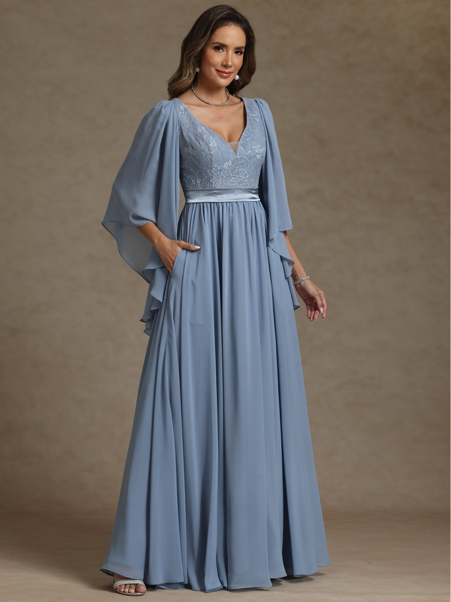 A-Line/Princess V-Neck Ribbon Floor-Length Mother of the Bride Dresses with Lace Appliques