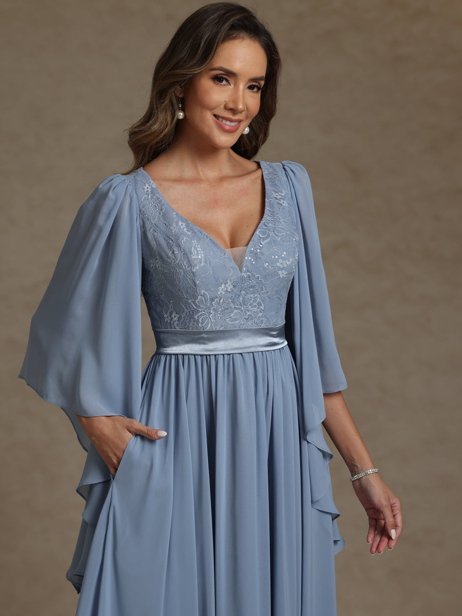 A-Line/Princess V-Neck Ribbon Floor-Length Mother of the Bride Dresses with Lace Appliques