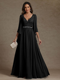 A-Line/Princess V-Neck Ribbon Floor-Length Mother of the Bride Dresses with Lace Appliques