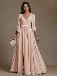 A-Line/Princess V-Neck Ribbon Floor-Length Mother of the Bride Dresses with Lace Appliques