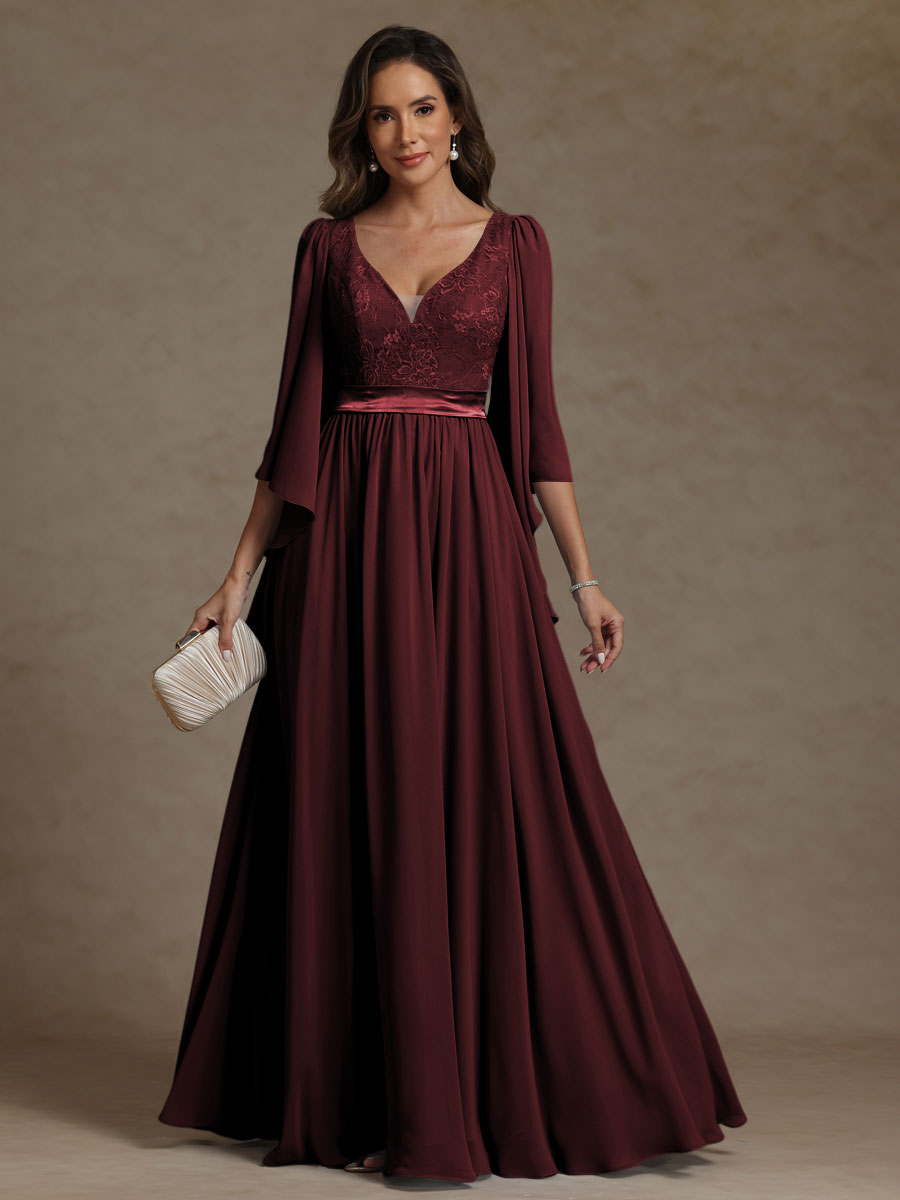 A-Line/Princess V-Neck Ribbon Floor-Length Mother of the Bride Dresses with Lace Appliques