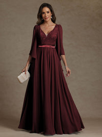 A-Line/Princess V-Neck Ribbon Floor-Length Mother of the Bride Dresses with Lace Appliques