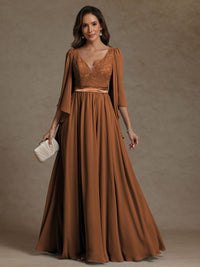 A-Line/Princess V-Neck Ribbon Floor-Length Mother of the Bride Dresses with Lace Appliques