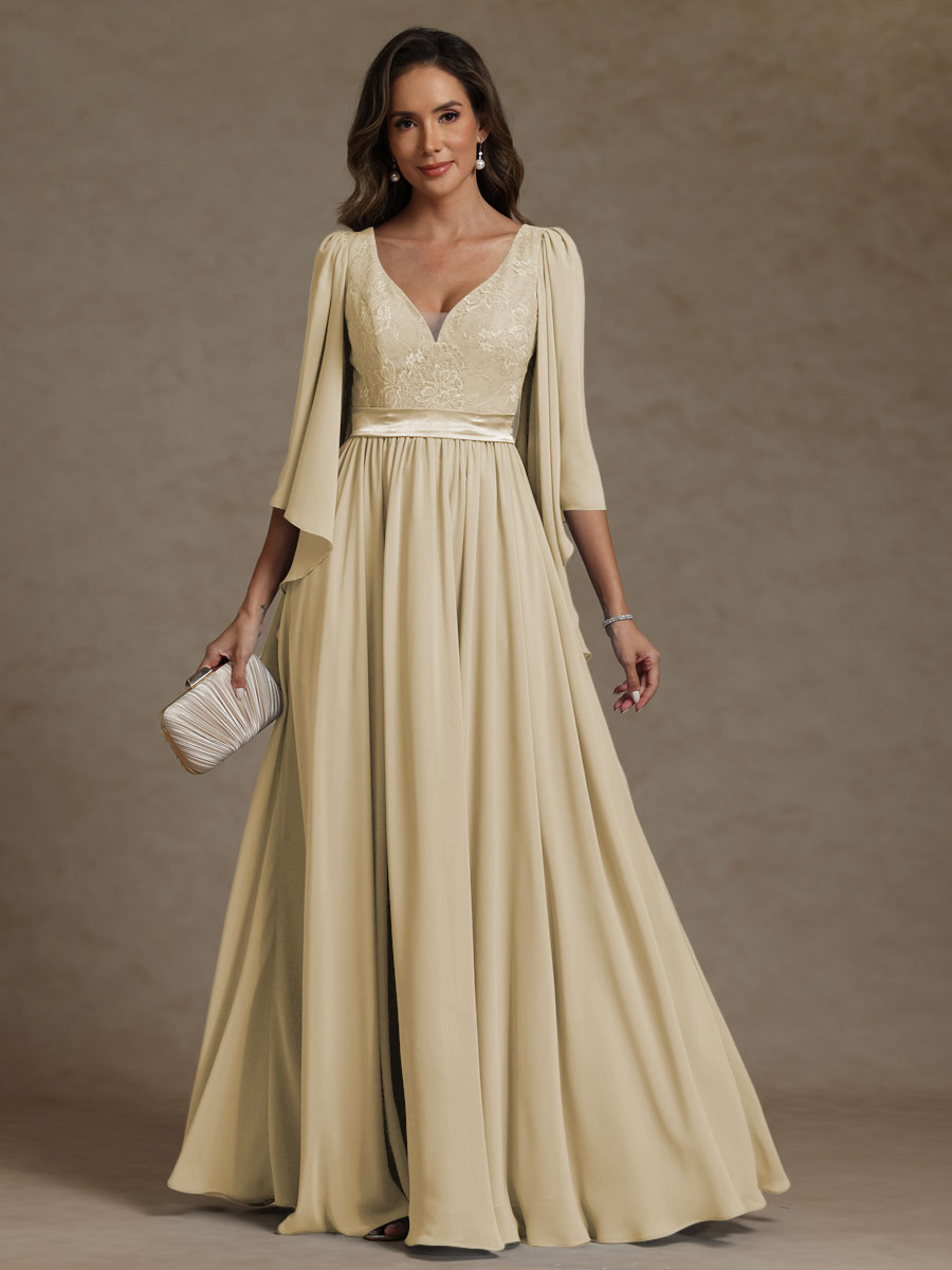 A-Line/Princess V-Neck Ribbon Floor-Length Mother of the Bride Dresses with Lace Appliques