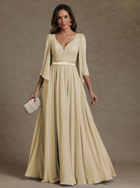 A-Line/Princess V-Neck Ribbon Floor-Length Mother of the Bride Dresses with Lace Appliques