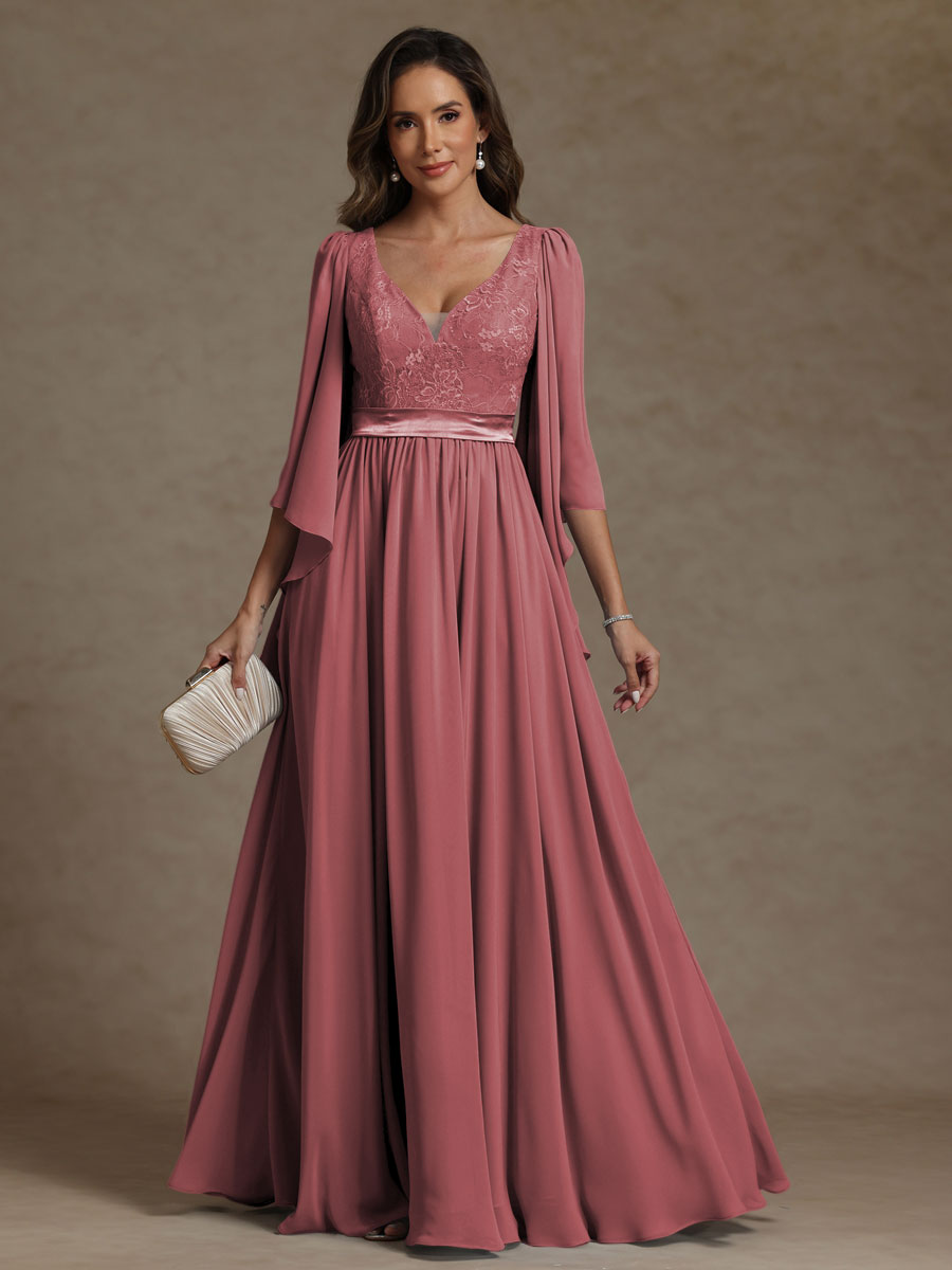 A-Line/Princess V-Neck Ribbon Floor-Length Mother of the Bride Dresses with Lace Appliques