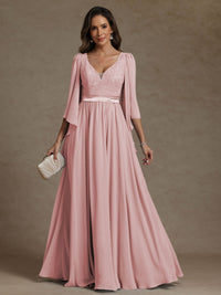 A-Line/Princess V-Neck Ribbon Floor-Length Mother of the Bride Dresses with Lace Appliques