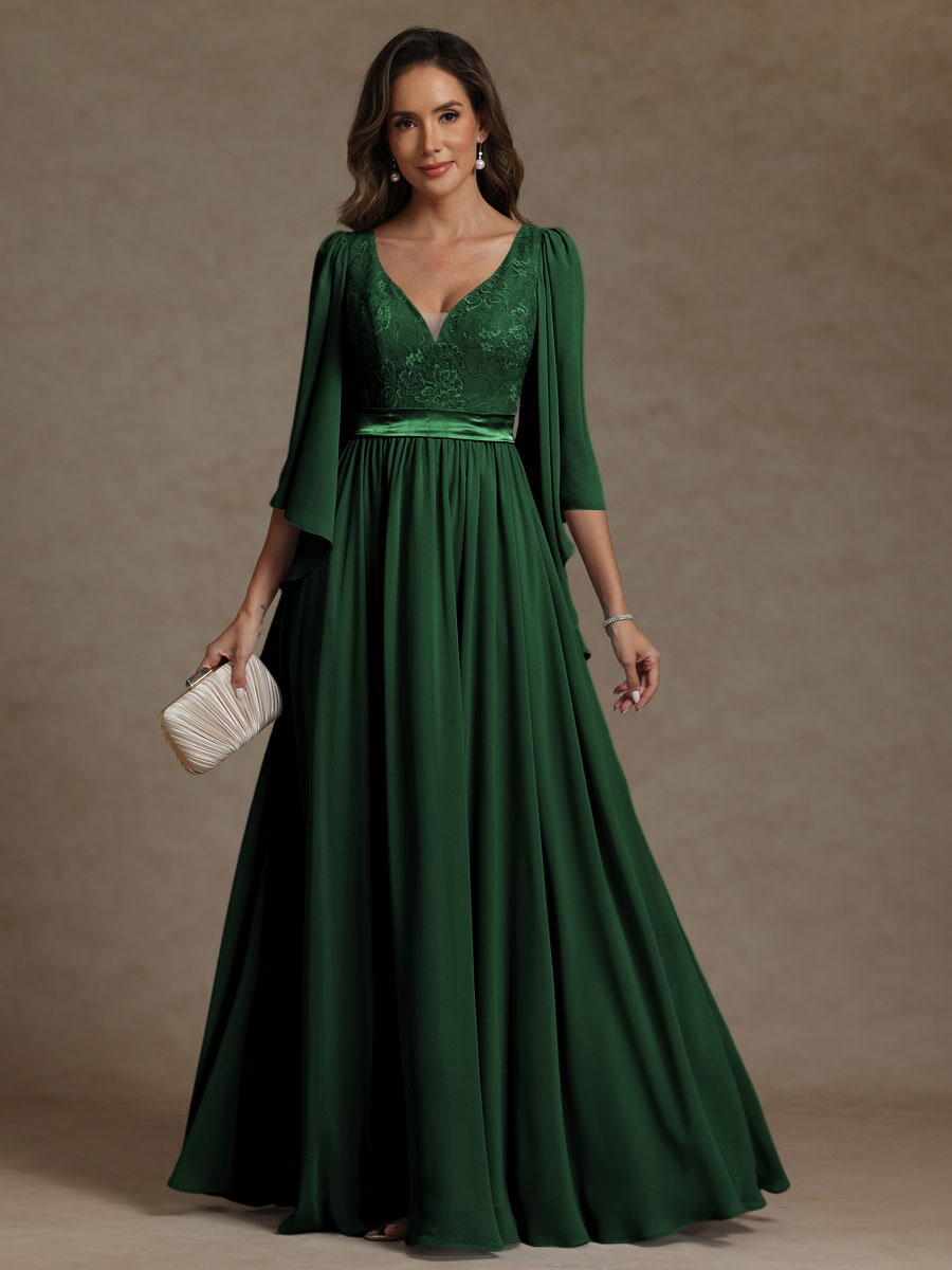 A-Line/Princess V-Neck Ribbon Floor-Length Mother of the Bride Dresses with Lace Appliques