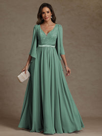 A-Line/Princess V-Neck Ribbon Floor-Length Mother of the Bride Dresses with Lace Appliques
