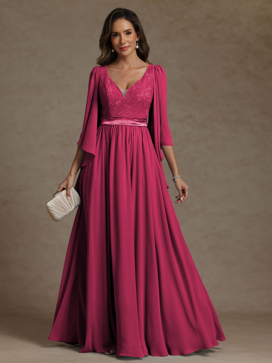 A-Line/Princess V-Neck Ribbon Floor-Length Mother of the Bride Dresses with Lace Appliques