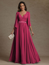 A-Line/Princess V-Neck Ribbon Floor-Length Mother of the Bride Dresses with Lace Appliques