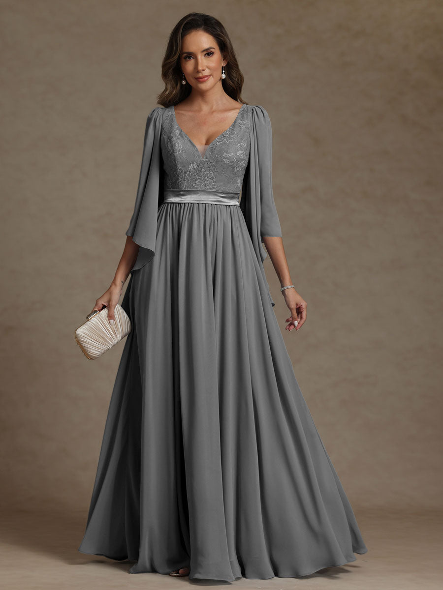 A-Line/Princess V-Neck Ribbon Floor-Length Mother of the Bride Dresses with Lace Appliques
