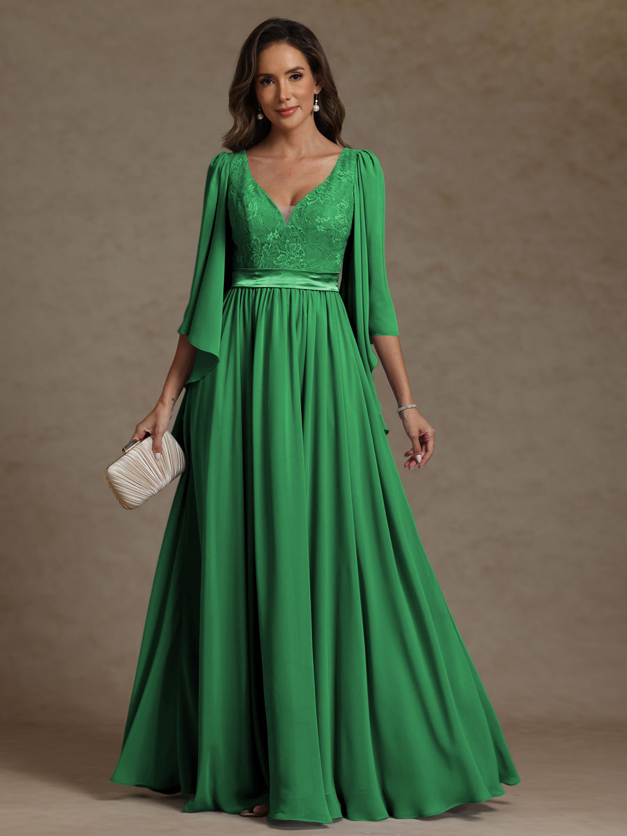 A-Line/Princess V-Neck Ribbon Floor-Length Mother of the Bride Dresses with Lace Appliques
