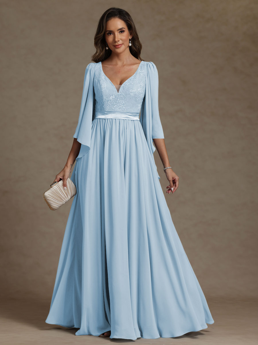 A-Line/Princess V-Neck Ribbon Floor-Length Mother of the Bride Dresses with Lace Appliques