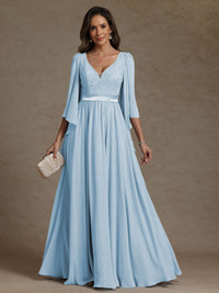 A-Line/Princess V-Neck Ribbon Floor-Length Mother of the Bride Dresses with Lace Appliques