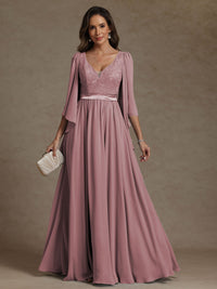 A-Line/Princess V-Neck Ribbon Floor-Length Mother of the Bride Dresses with Lace Appliques
