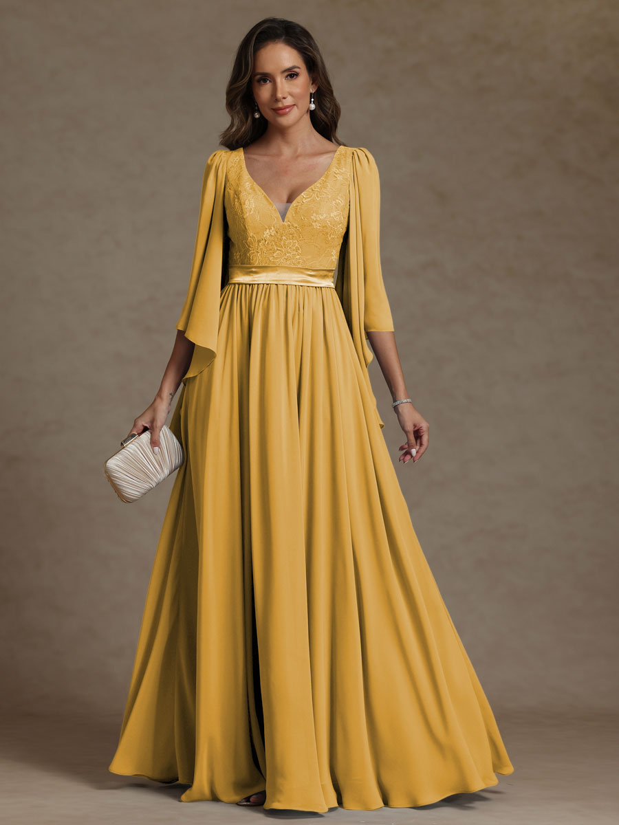 A-Line/Princess V-Neck Ribbon Floor-Length Mother of the Bride Dresses with Lace Appliques