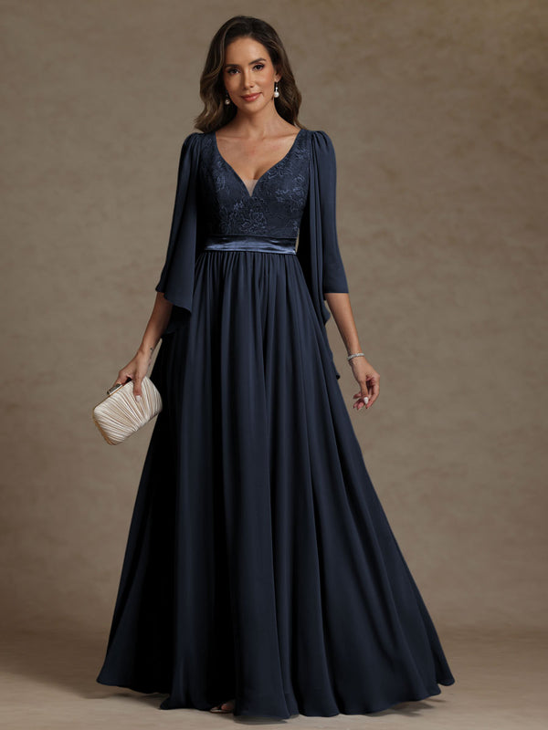 A-Line/Princess V-Neck Ribbon Floor-Length Mother of the Bride Dresses with Lace Appliques
