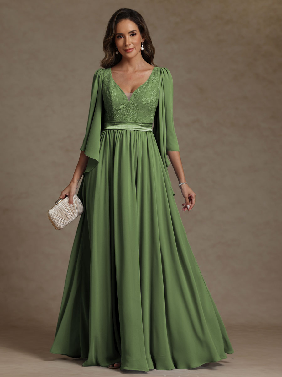 A-Line/Princess V-Neck Ribbon Floor-Length Mother of the Bride Dresses with Lace Appliques