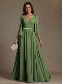 A-Line/Princess V-Neck Ribbon Floor-Length Mother of the Bride Dresses with Lace Appliques