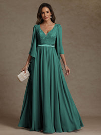 A-Line/Princess V-Neck Ribbon Floor-Length Mother of the Bride Dresses with Lace Appliques