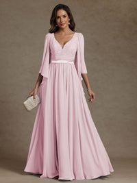 A-Line/Princess V-Neck Ribbon Floor-Length Mother of the Bride Dresses with Lace Appliques