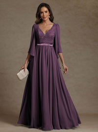 A-Line/Princess V-Neck Ribbon Floor-Length Mother of the Bride Dresses with Lace Appliques