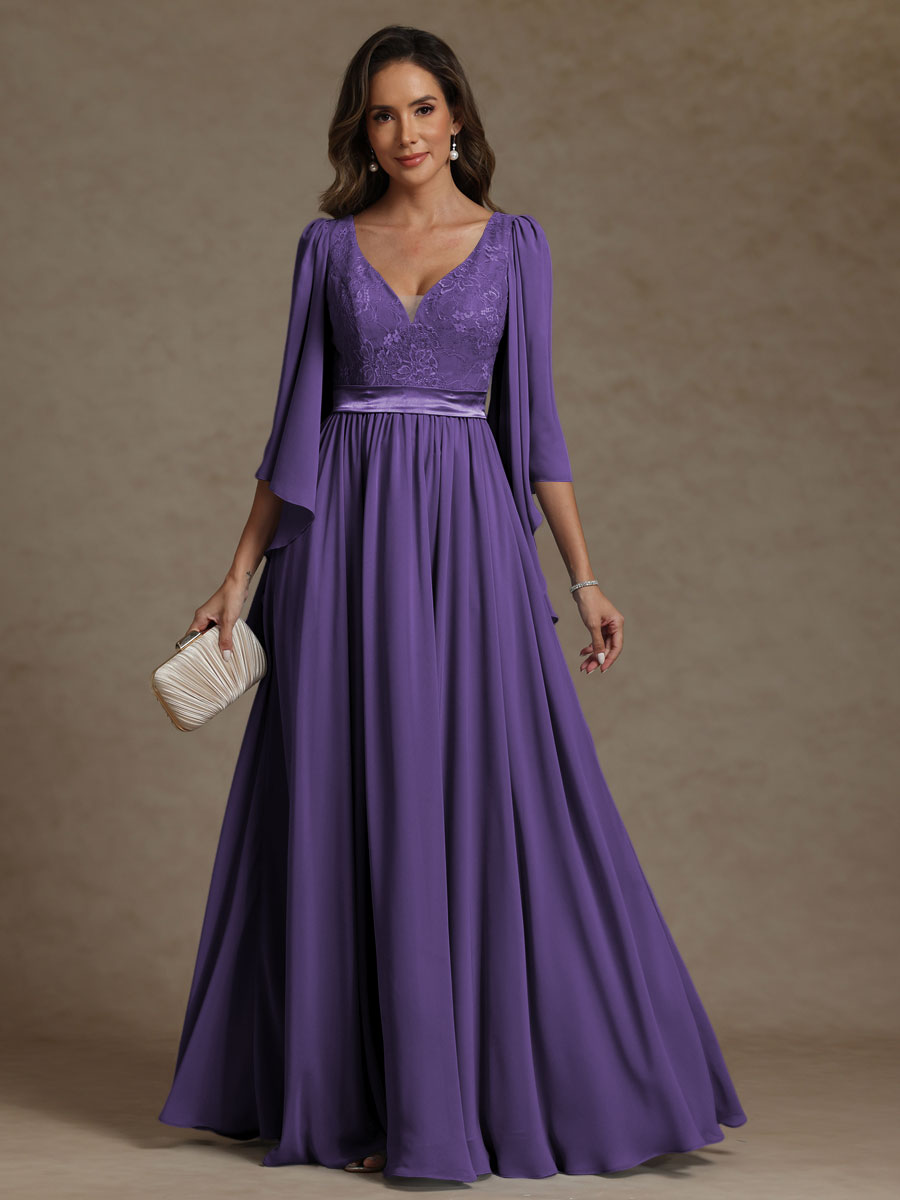 A-Line/Princess V-Neck Ribbon Floor-Length Mother of the Bride Dresses with Lace Appliques