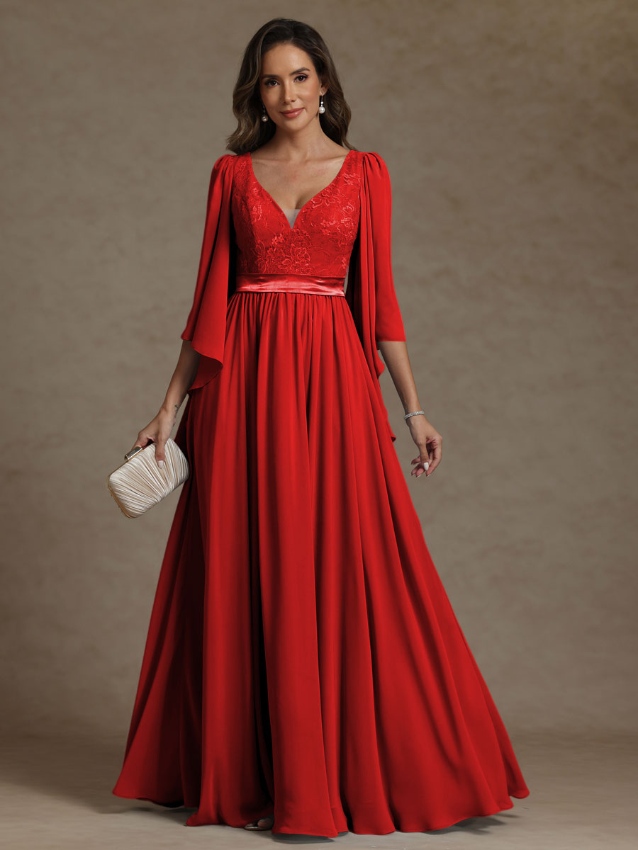 A-Line/Princess V-Neck Ribbon Floor-Length Mother of the Bride Dresses with Lace Appliques