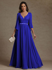 A-Line/Princess V-Neck Ribbon Floor-Length Mother of the Bride Dresses with Lace Appliques