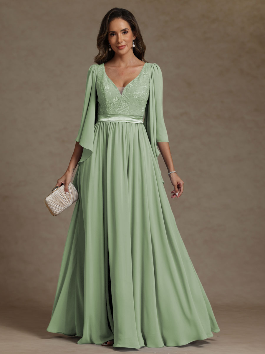 A-Line/Princess V-Neck Ribbon Floor-Length Mother of the Bride Dresses with Lace Appliques