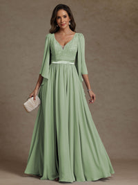 A-Line/Princess V-Neck Ribbon Floor-Length Mother of the Bride Dresses with Lace Appliques