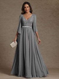 A-Line/Princess V-Neck Ribbon Floor-Length Mother of the Bride Dresses with Lace Appliques