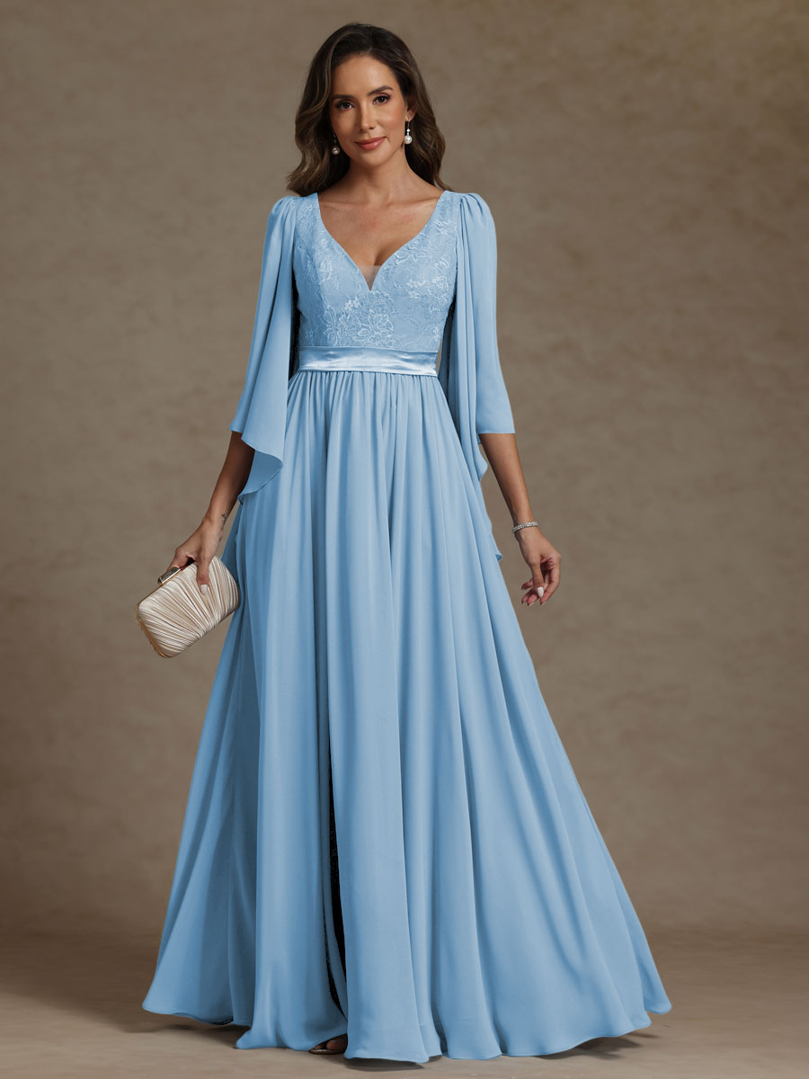 A-Line/Princess V-Neck Ribbon Floor-Length Mother of the Bride Dresses with Lace Appliques