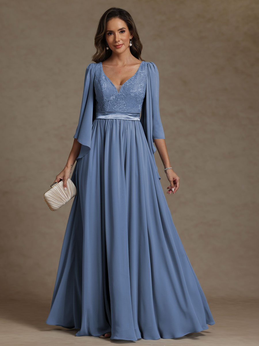 A-Line/Princess V-Neck Ribbon Floor-Length Mother of the Bride Dresses with Lace Appliques