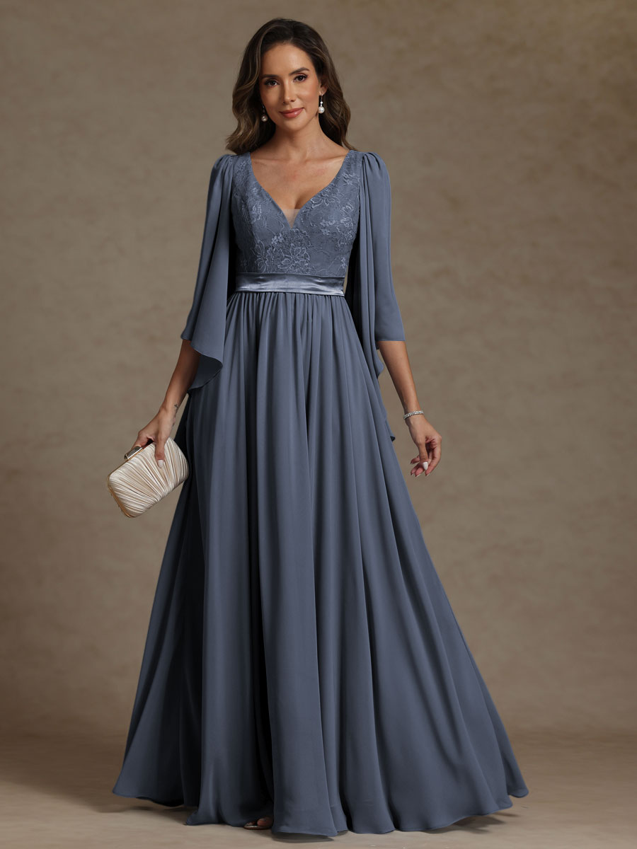A-Line/Princess V-Neck Ribbon Floor-Length Mother of the Bride Dresses with Lace Appliques