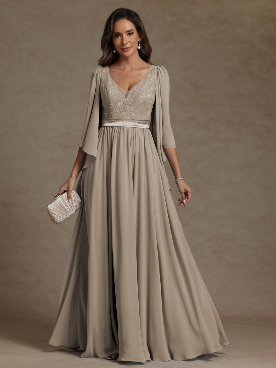 A-Line/Princess V-Neck Ribbon Floor-Length Mother of the Bride Dresses with Lace Appliques