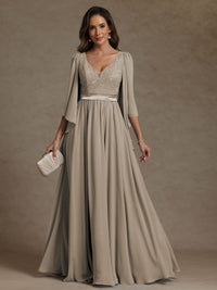 A-Line/Princess V-Neck Ribbon Floor-Length Mother of the Bride Dresses with Lace Appliques