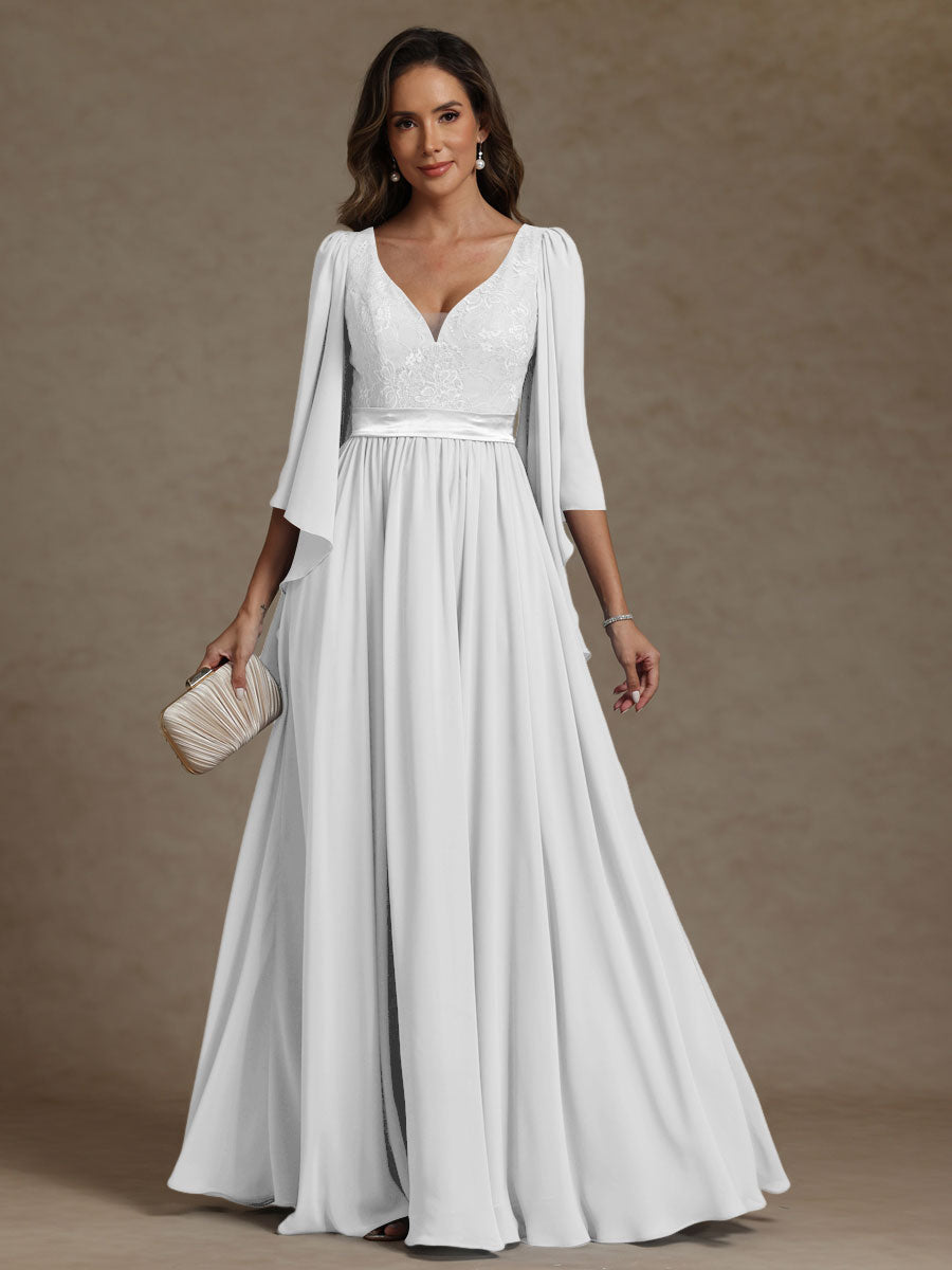 A-Line/Princess V-Neck Ribbon Floor-Length Mother of the Bride Dresses with Lace Appliques