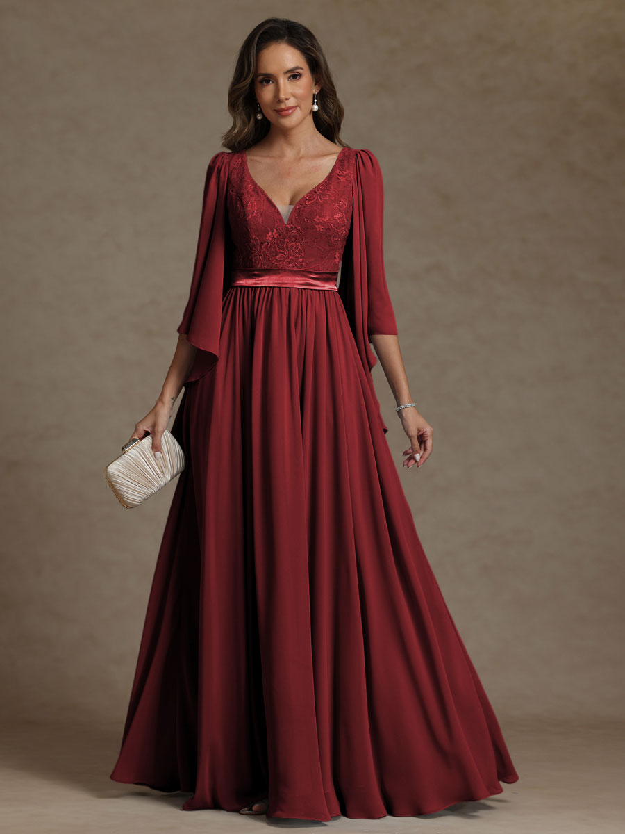 A-Line/Princess V-Neck Ribbon Floor-Length Mother of the Bride Dresses with Lace Appliques