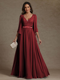 A-Line/Princess V-Neck Ribbon Floor-Length Mother of the Bride Dresses with Lace Appliques