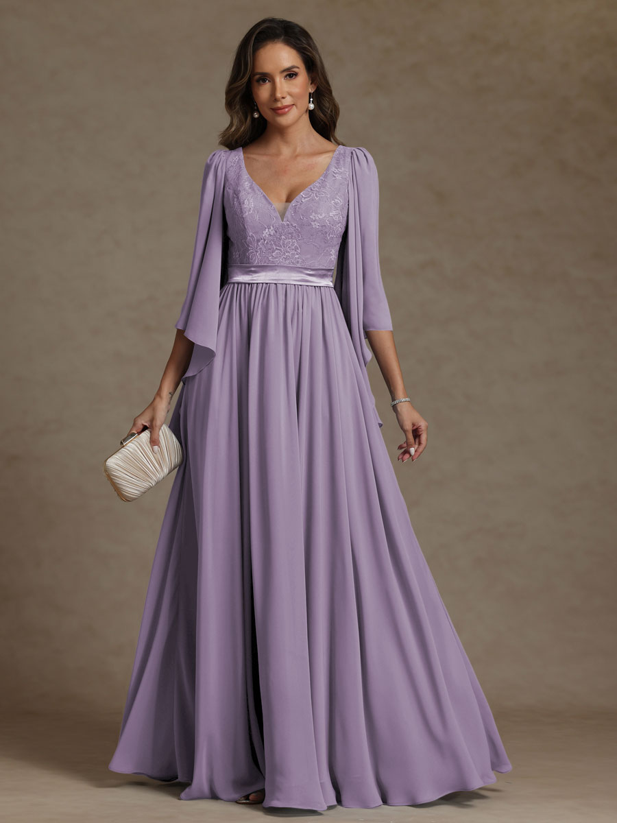 A-Line/Princess V-Neck Ribbon Floor-Length Mother of the Bride Dresses with Lace Appliques