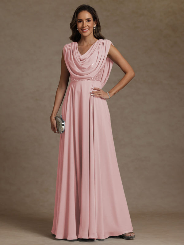 A-Line/Princess Asymmetrical Pleated Sequins Floor-Length Mother of the Bride Dresses with Pockets