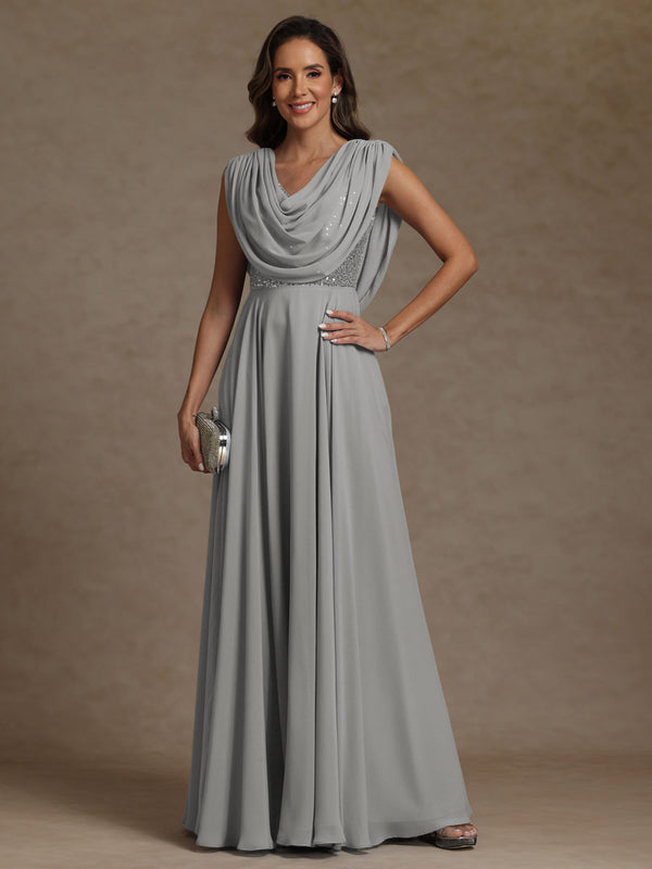 A-Line/Princess Asymmetrical Pleated Sequins Floor-Length Mother of the Bride Dresses with Pockets