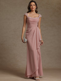 Sheath/Column Square Neck Pleated Ruffle Floor-Length Mother of the Bride Dresses with Lace Appliques