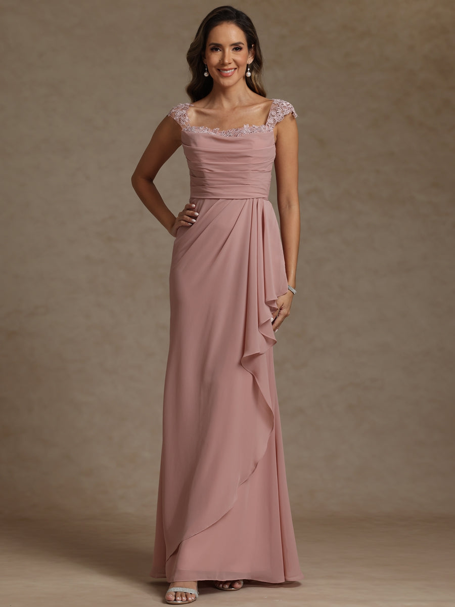 Sheath/Column Square Neck Pleated Ruffle Floor-Length Mother of the Bride Dresses with Lace Appliques