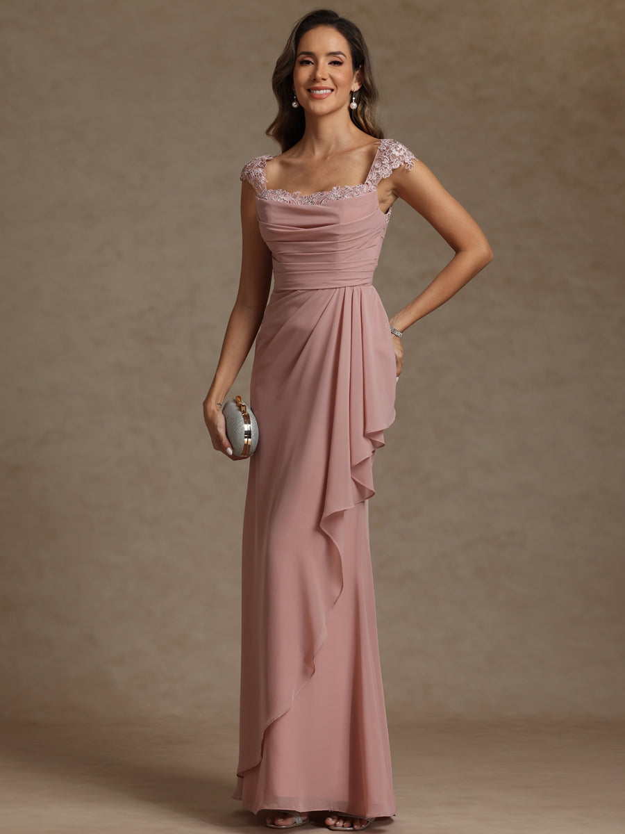 Sheath/Column Square Neck Pleated Ruffle Floor-Length Mother of the Bride Dresses with Lace Appliques