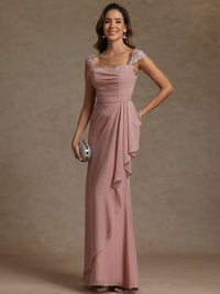 Sheath/Column Square Neck Pleated Ruffle Floor-Length Mother of the Bride Dresses with Lace Appliques
